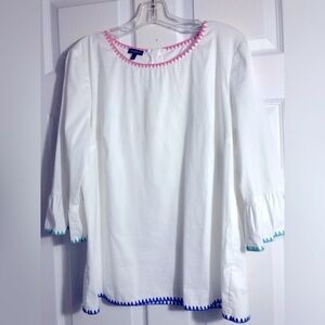 Talbots White Blouse Top with Pink & Teal Trim L